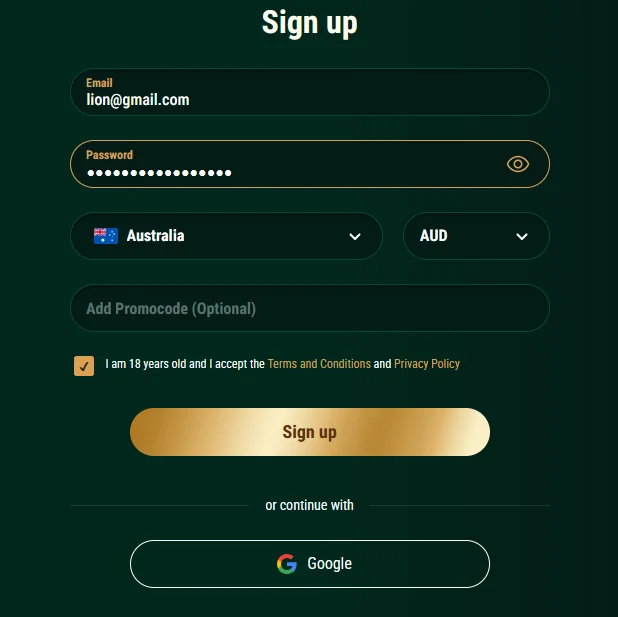 Richard Casino account sign-up form